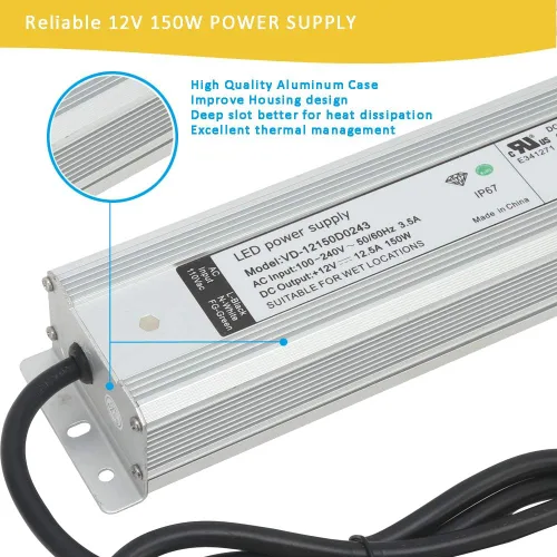 Vista 4 de Fuente de alimentación LED de 150 W 12 V Convertidor de CA a CC - Transformador IP67 impermeable con enchufe de 3 puntas, adaptador de corriente
