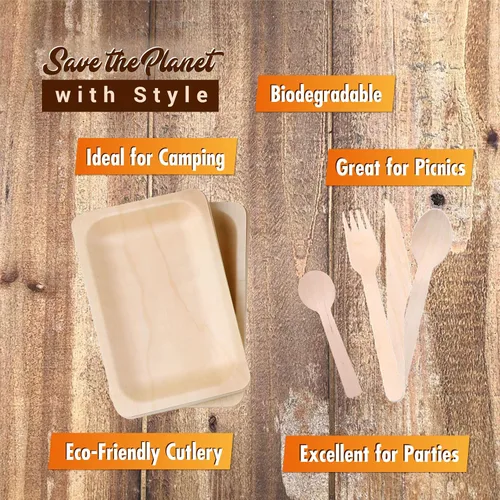 Vista 2 de Platos biodegradables desechables y cubiertos de madera – (paquete de 270) 55 platos compostables de 10.5 pulgadas, 55 tenedores, 55 cuchillos, 55