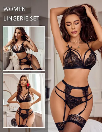 Vista 2 de Avidlove - Conjunto de lencería tipo babydoll para mujer, con tirantes de encaje y liguero