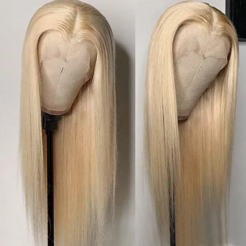 Vista 2 de QD-Tizer Peluca de cabello rubio con encaje frontal, peluca larga y lacia, cabello natural, resistente al calor, fibra sintética, encaje frontal