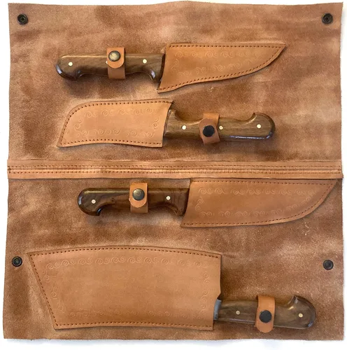 Vista 7 de Butcher Series - Juego de cuchillos y cuchillos forjados a mano de 4 piezas con funda de cuero auténtico, cuchillas de acero de alto carbono 5160