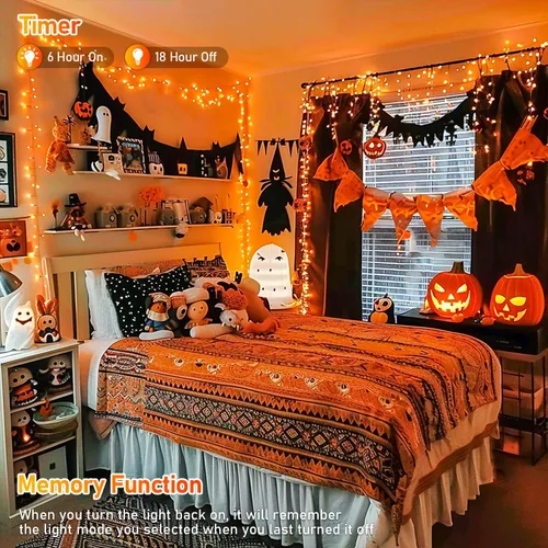 Vista 3 de JMEXSUSS 150 luces LED naranjas de Halloween para interiores y exteriores, luces de Navidad en cadena enchufables para interiores, 8 modos de luces