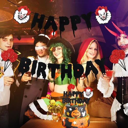 Vista 2 de Cartel de cumpleaños de terror de Halloween Pennywise Cartel de feliz cumpleaños de Halloween de película de terror sangrienta pancarta