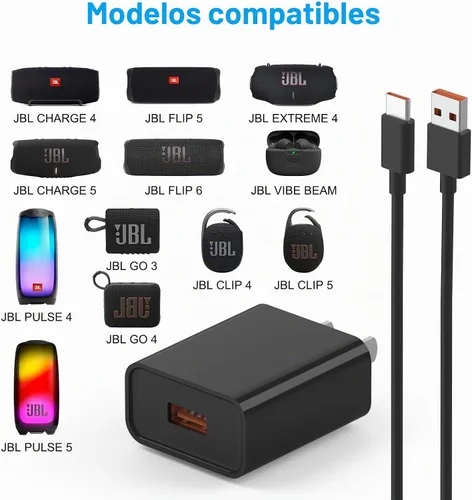 Vista 5 de Cargador USB para JBL Charge 4, Charge 5, JBL Flip 5, Flip 6, JBL Pulse 4, Pulse 5, Clip4, Clip5, JRPOP, Endurance Peak II, cable de cargador USB