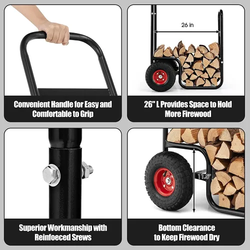 Vista 5 de Giantex Carrito de leña para leña, estante de madera para almacenamiento, carrito de almacenamiento de fuego rodante, carrito de almacenamiento