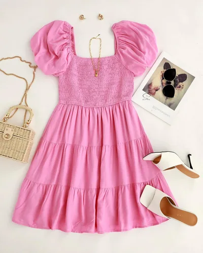 Vista 8 de ZESICA Vestido corto bohemio de verano para mujer, con cuello cuadrado, manga abombada, hombros descubiertos, fruncido, escalonado, casual