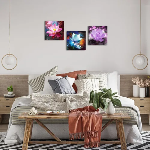 Vista 5 de Biuteawal 3 paneles de flores arte de pared de loto floreciente imagen elegante rosa azul púrpura pintura floral lienzo enmarcado moderno hogar