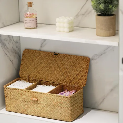 Vista 8 de DECRAFTS Cesta de almacenamiento de pastos marinos con tapa, rectangular, pequeña, tejida con secciones para organizar aperitivos, juguetes, tampón