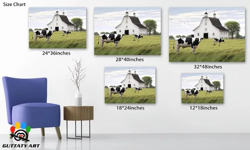 Vista 4 de Arte de pared con estampado de granero blanco de granja, granero y vaca, arte de pared con imágenes de granero blanco, cuadros rústicos de campo