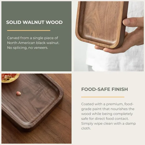 Vista 8 de Bandeja de Servicio Muso Nogal - Bandeja Rectangular Pequeña de Madera Maciza para Baño, Cena, Té, Café (29.97 cm x 12.7 cm)