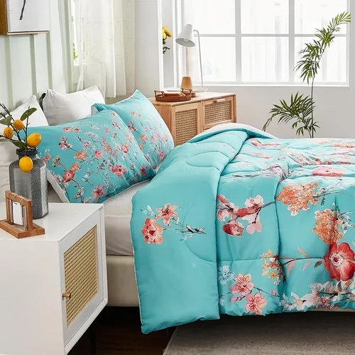Vista 8 de Juego de edredón de cama tamaño Queen con estampado floral, color azul verdoso, juego de ropa de cama de estilo rústico francés, juego de edredón