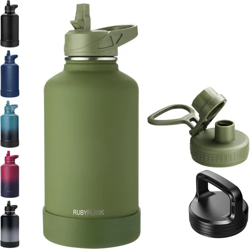 Vista 10 de RUBYFLASK - Botella de agua aislada con pajilla, jarra de agua al vacío de acero inoxidable, 24 onzas, botella con 3 tapas a prueba de fugas