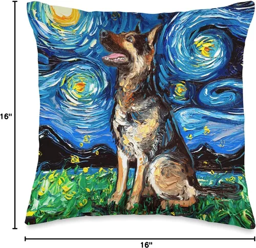 Vista 4 de Sagittarius Gallery Happy German Shepherd Starry Night Dog Art by Aja Throw Pillow (16.0 x 16.0 in), multicolor