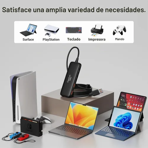 Vista 7 de Qeefun Hub USB 3.2 de 10 Gbps con 2 puertos USB A y 2 puertos de datos USB-C 3.2, divisor USB 3.2 Gen 2, cable largo extendido de 4 pies y puerto