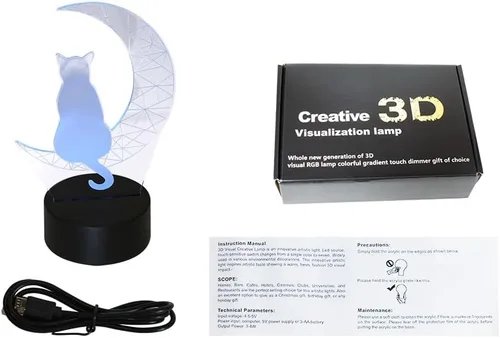 Vista 4 de EXIGENT Lámpara LED 3D Luna Gato Lámpara Acrílico Ilusión Noche Intermitente Fresco (Moon_Cat)