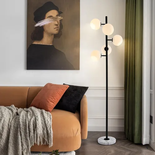 Vista 7 de KCO Lighting Five Globe - Lámpara de pie moderna de mediados de siglo, pantalla de vidrio de leche, acabado negro, base de mármol para sala de estar