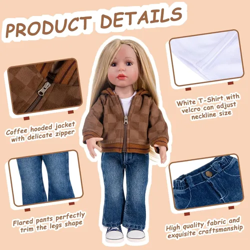 Vista 2 de Rakki Dolli Conjunto de ropa de muñeca de 3 piezas, abrigo marrón, jeans azules y camiseta blanca para muñeca de bebé (sin muñeca y zapatos)