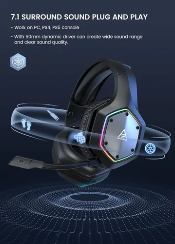 Vista 2 de EKSA - Auriculares inalámbricos para juegos, auriculares USB con micrófono de 2.4GHz para PC, PS5, PS4, Nintendo Switch, auriculares para PC