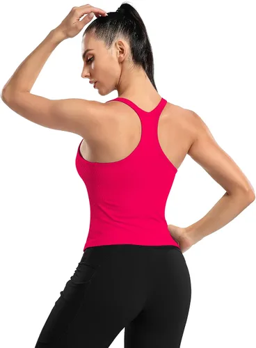Vista 180 de ATTRACO Camiseta corta acanalada de entrenamiento para mujer con brasier integrado para yoga, espalda cruzada, ajuste ajustado