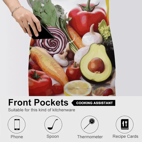 Vista 5 de MUSM Healthy Food Apron，Classic Vintage Funny with Pockets Aprons,Adjustable Bib Waterdrop Resistant for Kitchen Cooking Restaurant BBQ Painting