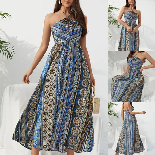 Vista 6 de Women's Summer Dresses Fashion New Bohemian Style Printed Neckless Sleeveless Dress Long Sleeve Bodycon Dress