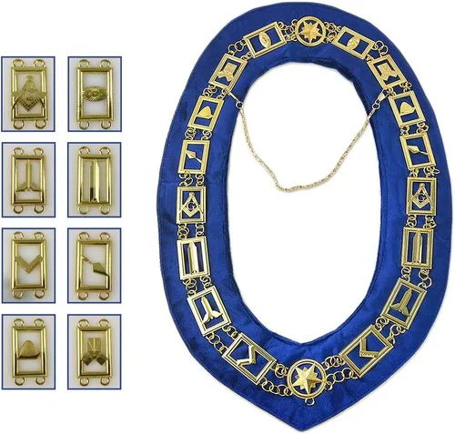 Vista 2 de Herramientas de trabajo con cuello masónico chapado en oro y respaldo de terciopelo azul