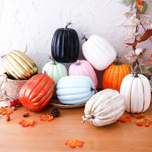 Vista 8 de Lucakuins Calabazas artificiales grandes de 8 pulgadas, calabazas blancas decorativas de espuma, lindas calabazas falsas para decoración del hogar