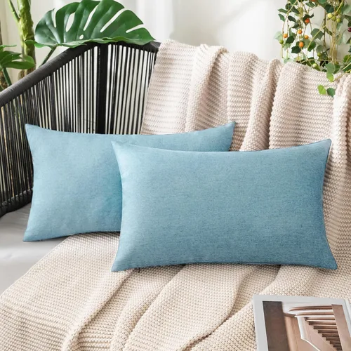 Vista 95 de MIULEE - Paquete de 2 fundas de almohada decorativas para exteriores, impermeables, sólidas, de imitación de lino, para jardín, casa de campo, Azul