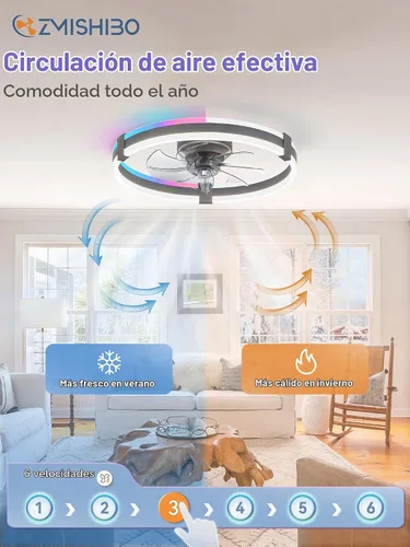 Vista 3 de ZMISHIBO Ventiladores de techo RGB de bajo perfil de 20" con luces y Gris RGB