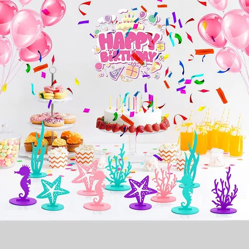 Vista 6 de 61 piezas de suministros de decoración de cumpleaños de sirena para tema oceánico, incluye 20 centros de mesa de fieltro, 40 envoltorios de cupcakes