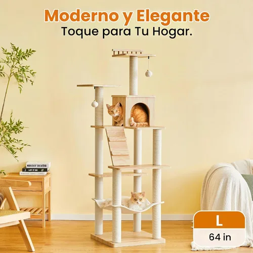 Vista 2 de Árbol para gatos moderno de 64 pulgadas, torre para gatos de interior con varios niveles, con 7 postes rascadores completamente envueltos, 2 Marrón