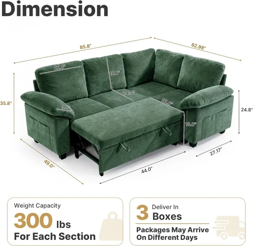 Vista 2 de 86" L-Shaped Sectional Sleeper Couch, Modular Pull-Out Storage Sofa Bed Green