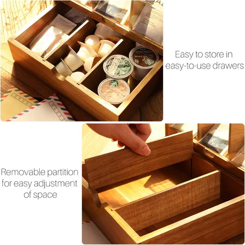 Vista 4 de HTB Organizador de té grande de 2 niveles con cajón y caja de té pequeña