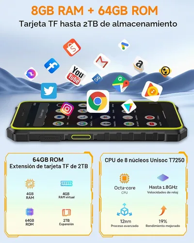 Vista 3 de Ulefone RugKing 2 Pro - Teléfono resistente, 8 (4+4) GB+64 GB Octa-Core, 4500 mAh, teléfono impermeable Android 16, pantalla HD+ Corning Gorilla