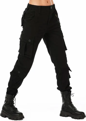 Vista 3 de Pantalones cargo de trabajo para mujer, de algodón, con 8 bolsillos, informal, estilo de combate militar