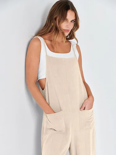 Vista 9 de ANRABESS Overol de lino con bolsillos para mujer, estilo casual, suelto, largo, con pierna ancha