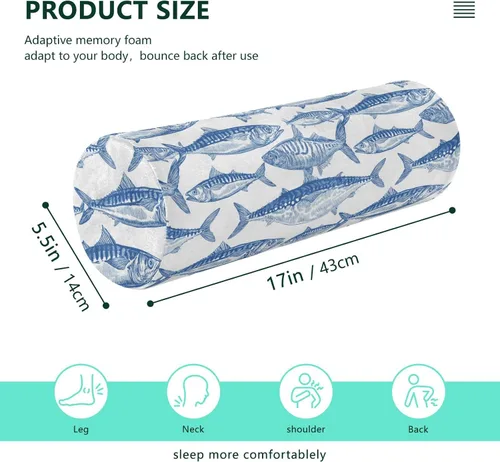 Vista 3 de Gredecor Neck Roll Pillow for Sleep, Blue Fish on White (2) Cervical Memory Foam Pillows Cylinder Bolster Pillow, Pain Relief Neck Pillows