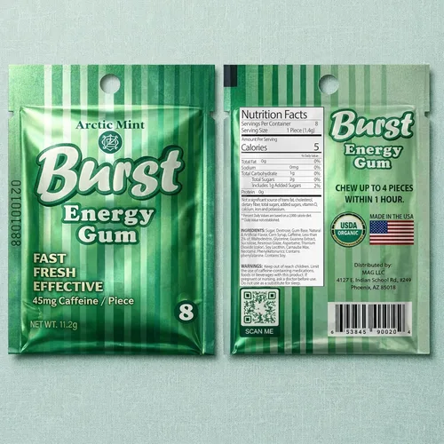 Vista 2 de Burst Energy Gum - 45 mg de cafeína por pieza, enfoque y ráfaga de energía, menta ártica, 5 paquetes de 8 (40 piezas), gestiona el estrés, encías