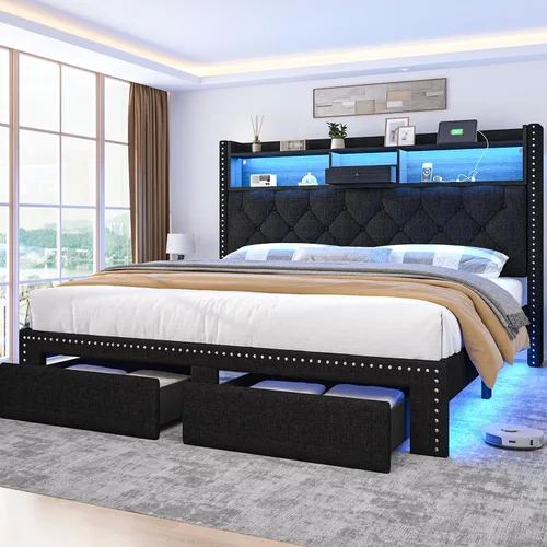 Vista 8 de Base de cama de lino tamaño completo con cabecera de almacenamiento de 2 niveles y estación de carga, marcos de cama de plataforma tapizados con 2