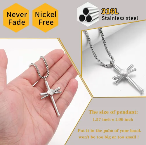 Vista 2 de Collar de béisbol para hombres y niños, con cruz y número inicial 0-99, cadena y dije de acero inoxidable, hecho a medida para mujeres y niñas