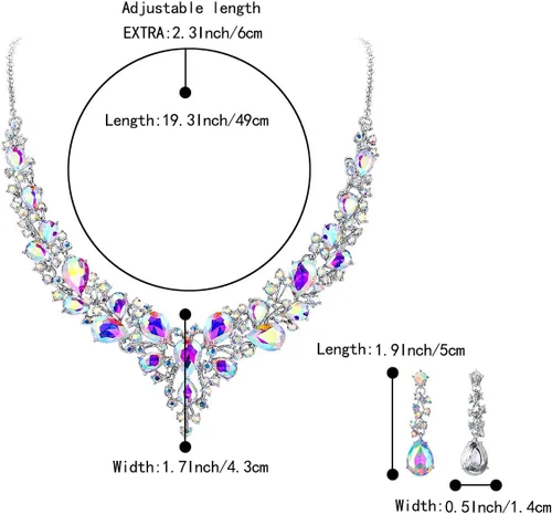 Vista 5 de BriLove Juego de Collar y Aretes Colgantes con Cristales Austríacos para Mujer, Diseño de Lágrimas en Racimo, Collar de Declaración para Boda y Novia