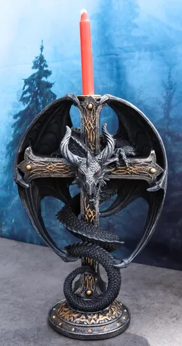 Vista 2 de Ebros Gift Fantasía medieval Bahamut Demon Guardian Altar Drake Dragón Enrollado En Celta Nudo Cruz Crucifijo Taper Candleholder Desktop Figurine