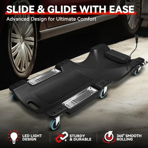 Vista 2 de Auto Dynasty Tablilla rodante de 40 pulgadas para reparación mecánica automotriz en el garaje, de perfil bajo, con luz LED y reposacabezas Negro