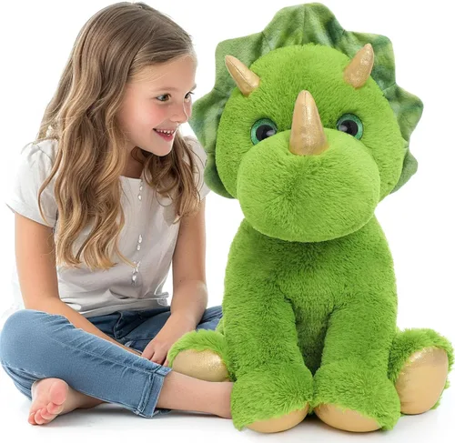 Vista 12 de Muiteiur Triceratops - Animal de peluche gigante de dinosaurio para mamá con 3 bebés pequeños, juguete de dinosaurio de felpa suave verde, regalo