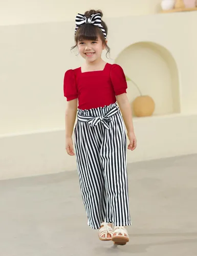 Vista 36 de DONWEN Conjunto de 3 piezas de ropa para niñas pequeñas y niñas con cuello cuadrado + pantalones elegantes + diadema para primavera y verano