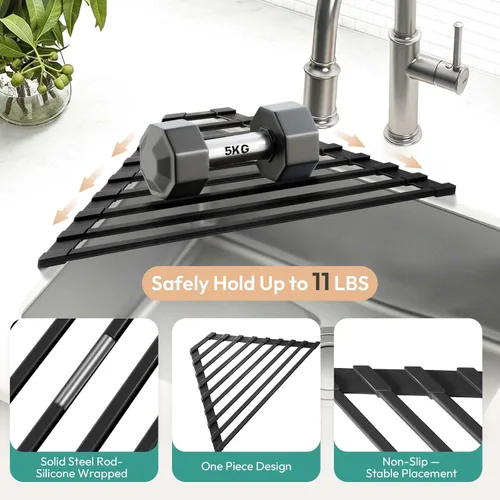 Vista 3 de Samll - Escurridor de platos enrollable triangular para esquina del fregadero, plegable de acero inoxidable recubierto de silicona para colocar