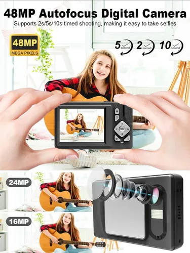 Vista 2 de Cámara digital para niños, adolescentes y principiantes – 48MP FHD 1080P, zoom digital 18X antivibración, LCD de 2.83 pulgadas + tarjeta de 32 GB