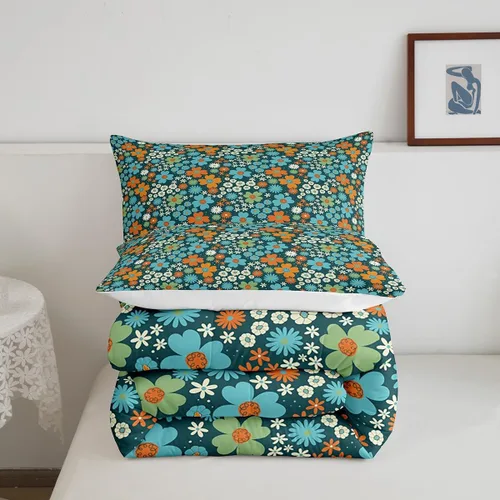 Vista 6 de Juego de ropa de cama floral retro, tamaño individual, vintage de los años 70 y 60, juego de edredón para niños, adultos y adolescentes, juego