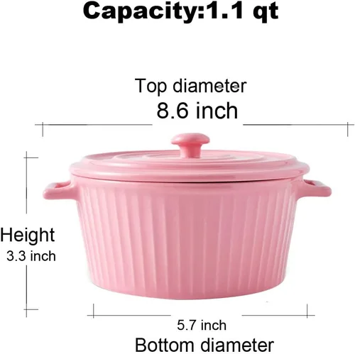Vista 2 de Cacerola con tapa, cacerola de cerámica de 1.1 cuartos de galón para horno colorido (1, rosa)