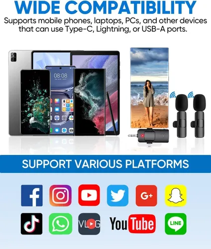 Vista 4 de Micrófonos Lavalier inalámbricos para iPhone, iPad, Android, cámara, micrófono USB-C 3 en 1, micrófono de batería de 7 horas, mini micrófono